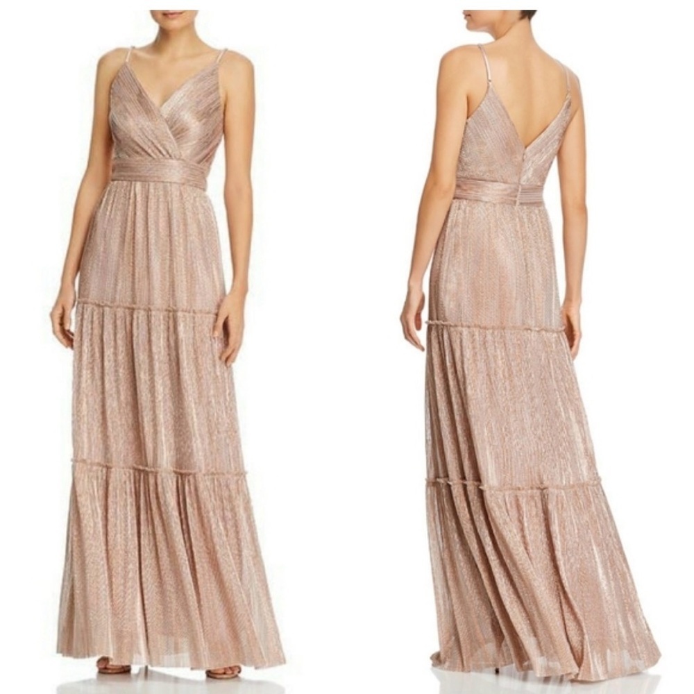 Aqua Rose formal Gold Metallic V-Neck Maxi Dress